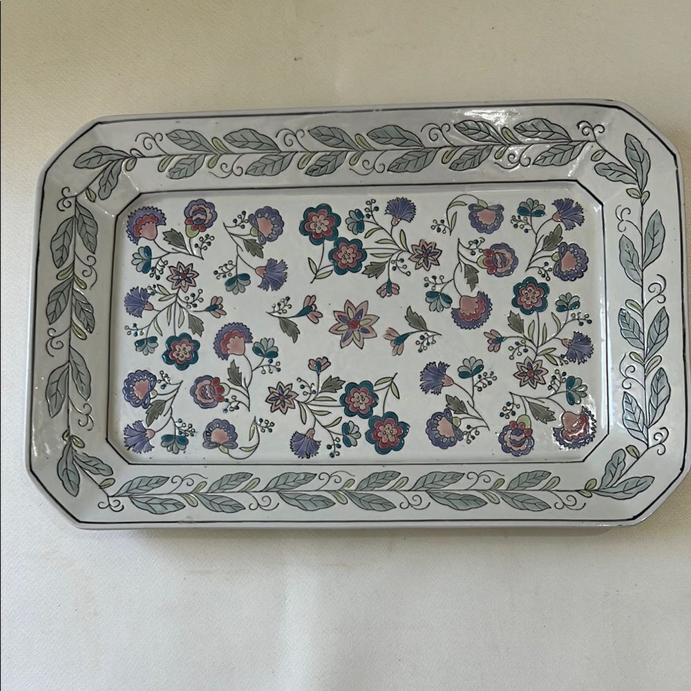 Jena Hall Ceramic Inspirations Art Tray 5 Lb 3.4 Platter White Pink Blue Floral